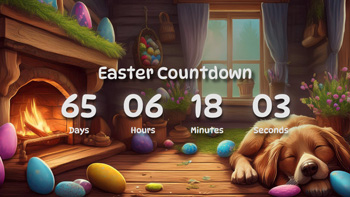 Easter Countdown Timer With Cute Sleeping Dog, Fireplace, Decorated Eggs