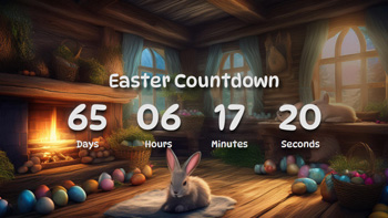 Easter Countdown Timer With Cute Sleeping Rabbit Near Firepalce, Decorated Eggs