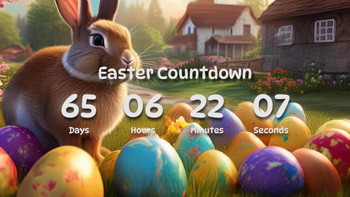 Easter Countdown Timer With Cute Brown Rabbit, Eggs And Nice Town