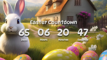 Easter Countdown Timer With smiling White Rabbit, Colorful Eggs