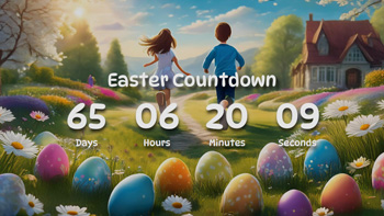 Easter Countdown Timer With Happy Kids, Eggs, Countryside