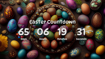 Easter Countdown Timer With Decorated Colorful Eggs And Basket