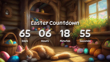 Easter Countdown Timer With Cute Sleeping Cat, Decorated Eggs