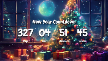 New Year Countdown Timer With Pine Tree, Gift Boxes and Moon View