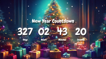 New Year Countdown Timer With Pine Trees, Gift Boxes in Room