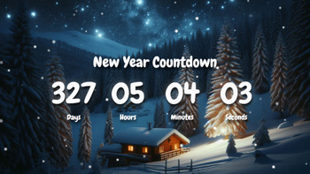 New Year Countdown Timer With Snowfall, Cute Chalet, Mountain Cabin, Snow Fall