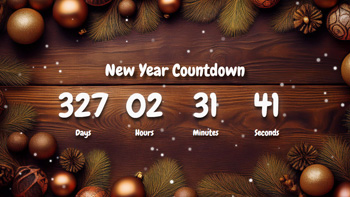 New Year Countdown Timer With Cute Ornaments and Wooden Background