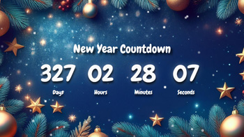 New Year Countdown Timer With Cute Ornaments and Blue Sky Background