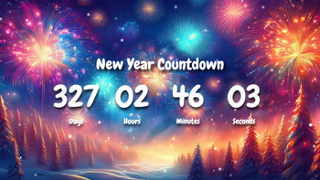 New Year Countdown Timer With Fireworks And Peaceful Pine Forest