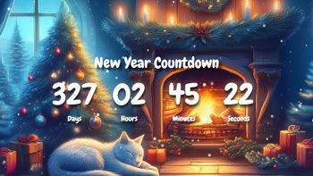 New Year Countdown Timer With Cute Cat Sleeping By The Fireplace