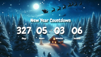 New Year Countdown Timer With Santa Claus, Snow Fall, Chalet