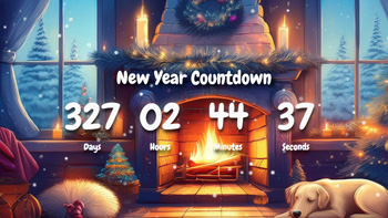 New Year Countdown Timer With Cute Dog Sleeping By The Fireplace