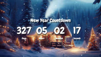 New Year Countdown Timer Cute Mountain, Snowfall, Chalet Home