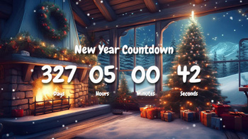 New Year Countdown Timer Pine Tree, Gifts, Fireplace