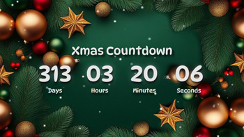 Xmas Countdown Timer With Cute Golden Ornaments Green Background