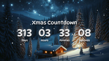 Xmas Countdown Timer With Snowfall, Cute Chalet, Mountain Cabin, Snow Fall