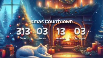 Xmas Countdown Timer With Cute Cat Sleeping By The Fireplace