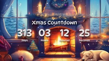 Xmas Countdown Timer With Cute Dog Sleeping By The Fireplace