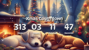 Xmas Countdown Timer With Two Cute Dogs Sleeping By The Fireplace